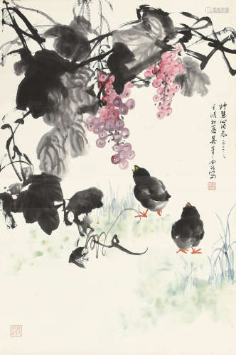 吴青霞（1910～2008） 壬戌（1982）年作 葡萄雏鸡图 立轴 设色纸本