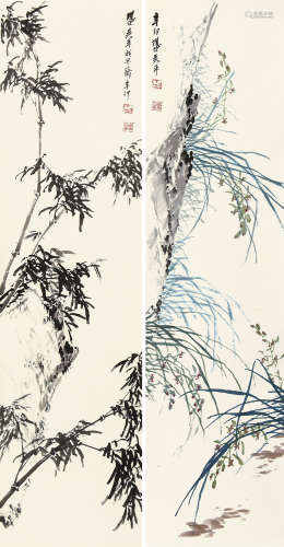 吴平（1920～2019） 辛卯（2011）年作 竹兰双清 （二幅） 镜片 设色纸本
