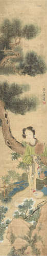 黄山寿（1855～1919） 执扇仕女图 立轴 设色绢本