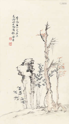 陈豪（1839～1910） 秋树幽篁图 立轴 设色纸本