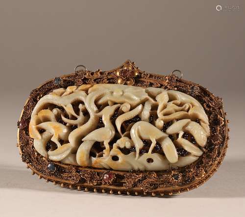 Liao Dynasty strangled Hotan jade plate inlaid with precious...