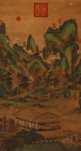 Unknown silk painting of green landscape figures