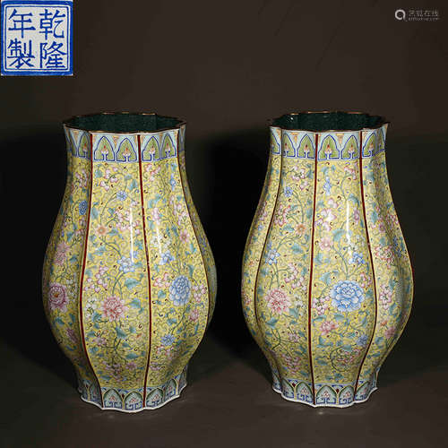 Qing Dynasty painted enamel flower eight-sided vase