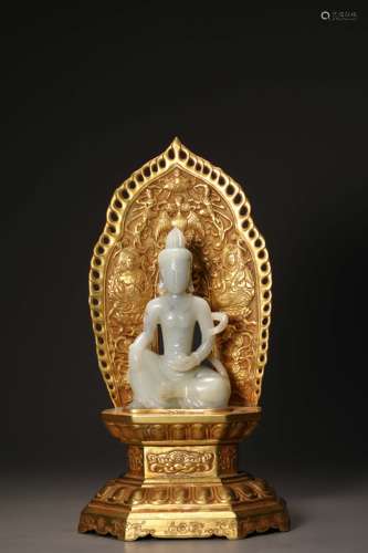 Qing Dynasty Hetian Jade Gold-clad Guanyin Buddha Statue