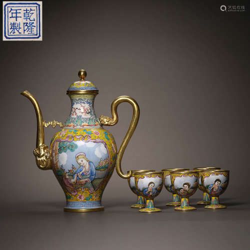 Qing Dynasty painted enamel Western figure wine set