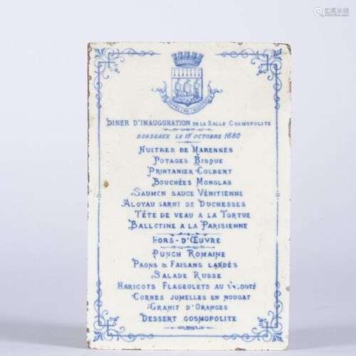 Jules Vieillard, plaque de menu rectangulaire en faïence fin...