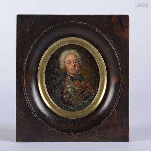 Miniature ovale, portrait d'un aristocrate en armure dans le...