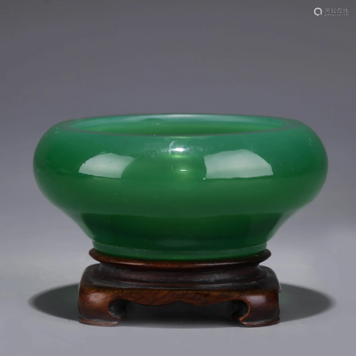 Green Glass Water Pot with Huanghuali Stand