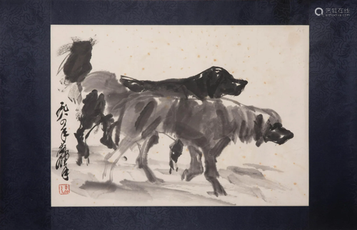 Chinese Two Hounds Painting on Paper