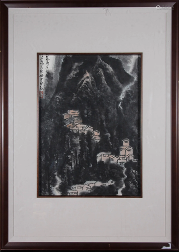 Chinese Landscape Paper Painting with Frame