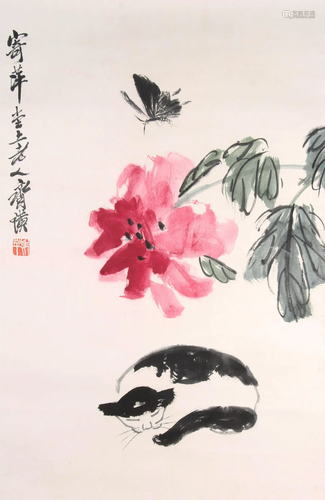 Chinese Flower Paper Painting Scroll