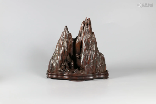 Carved Sandalwood Scholar Boulder, With Wood Stand