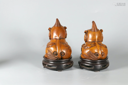 Pair Of Carved Bamboo Mythical Beast Luduan