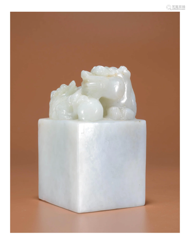 Carved Hetian Jade Twin Lion Seal