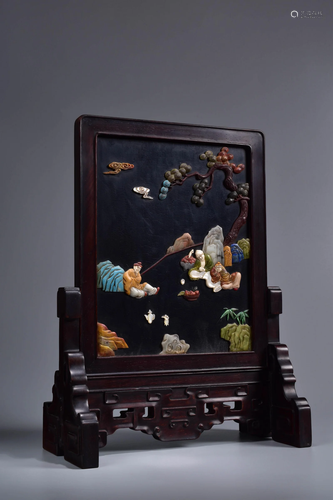 Hardstone Inlaid Sandalwood Scholars Table Screen