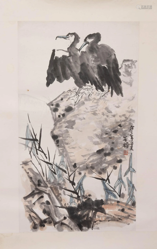 Chinese Bird and Stone Paper Painting