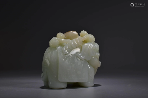 Carved Hetian Jade Boy and Elephant Ornament