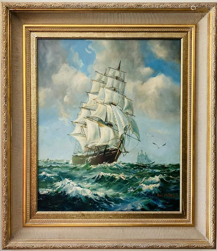 Oil painting of tall sailboat of early 20th c.