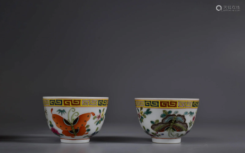 Pair of Famille Rose Butterfly and Flower Cups