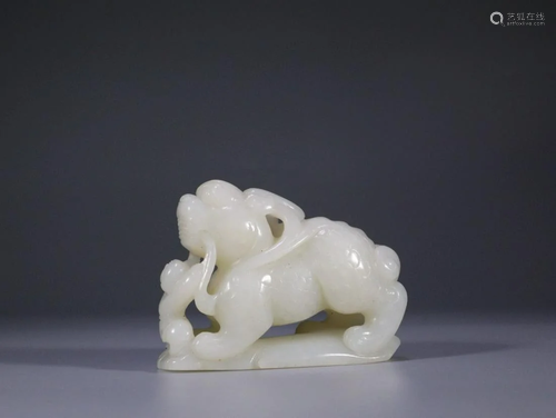 Carved Chinese Hetian Jade Boy and Lion Ornament