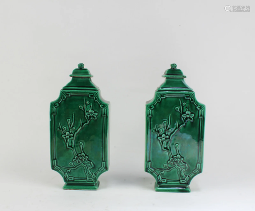 A Pair of Green Color Porcelain Containers