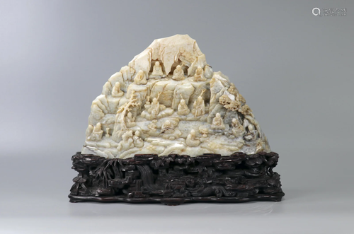 Carved Russet Jade Scholars Boulder, With Wood Stand