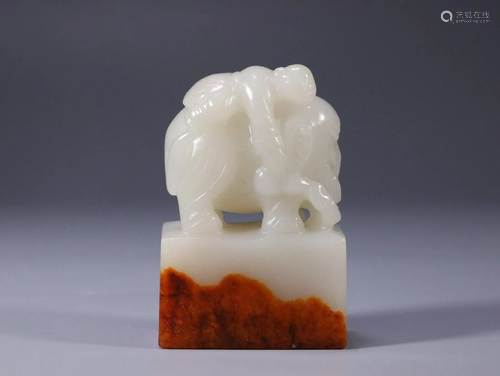 Carved Hetian Jade Boy and Elephant Weight