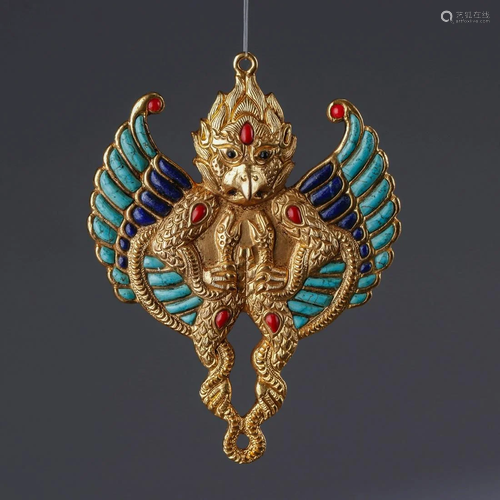 Hardstone Inlaid Gilt Bronze Garuda