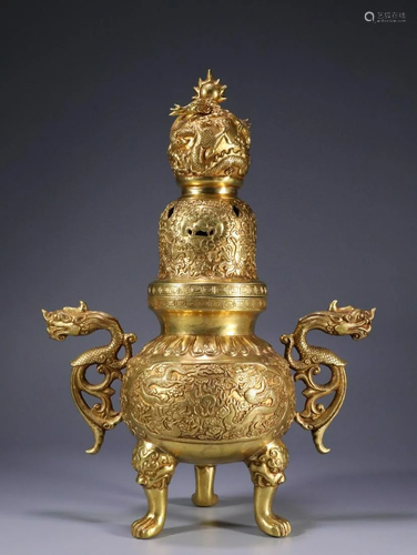 Gilt Bronze Repousse Twin-Dragon Tripod Censer and