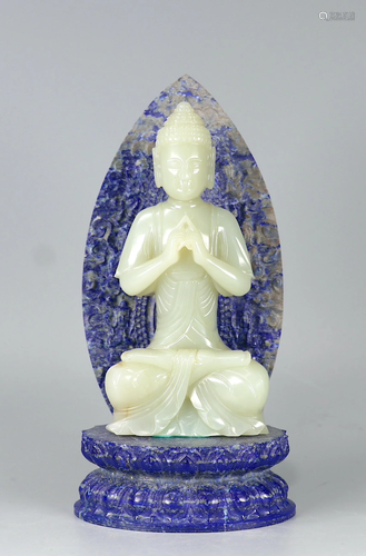 Carved White Jade Buddha Statue And Lapis Lazuli Halo