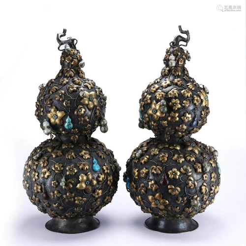 Pair of Silver Gilding Double-Gourd Shape Vases