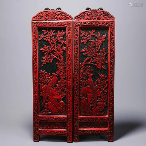 Pair of Cinnabar Lacquer Flower&Bird Hanging Screens