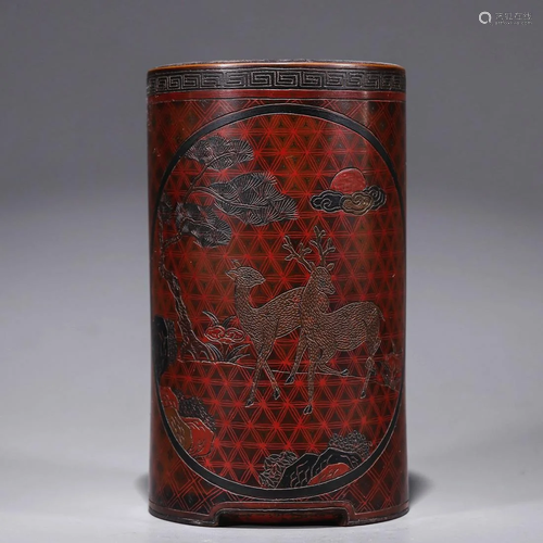 Painted Lacquer Bamboo Twin-Deer Brush Pot