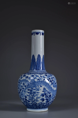 Blue and White Dragon and Peony Bottle Vase