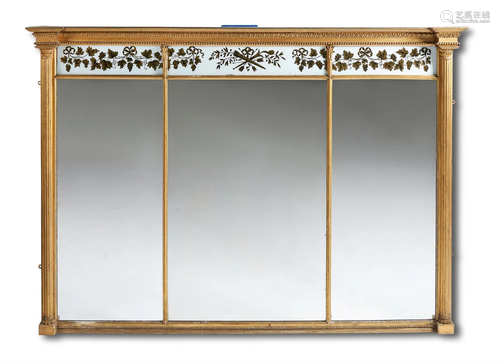 A LATE GEORGE III GILTWOOD OVERMANTEL WALL MIRROR,