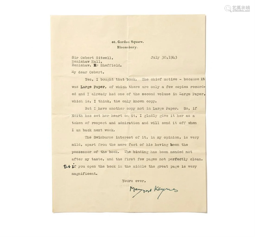 KEYNES, JOHN MAYNARD. (1883-1946). T.L.S. SIGNED, TO