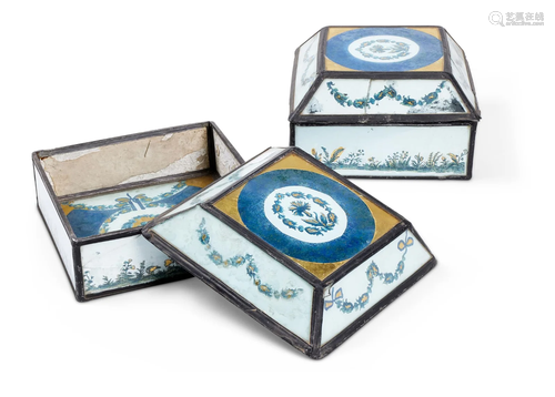 A PAIR OF REVERSE PAINTED GLASS AND LEAD LINED BOXES