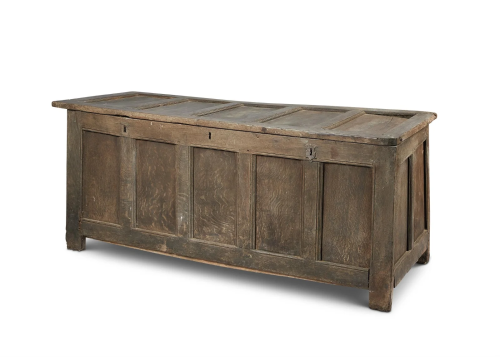 AN OAK FIVE PANELLED COFFER, LATE 17TH CENTURY