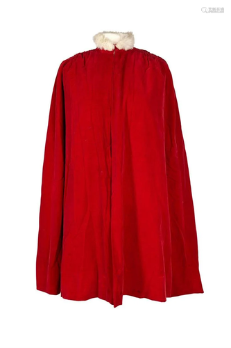 A RED COTTON VELVET SHORT CAPE, CUSTOM MADE