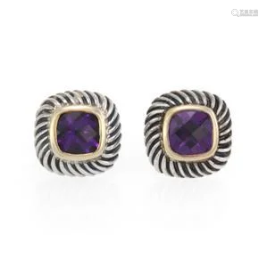 David Yurman Amethyst 925 Silver 14k Gold Cable Stud