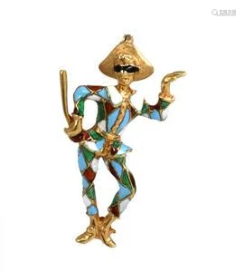 Vintage Multicolor Enamel 18k Yellow Gold Court Jester