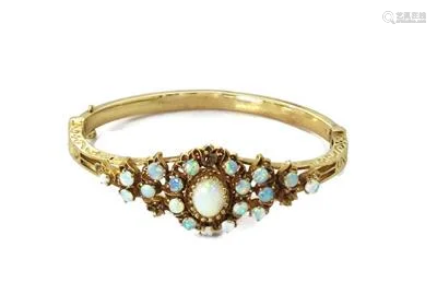 Natural Opal 14k Yellow Gold Floral Bangle Bracelet