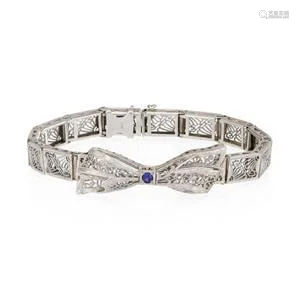 Art Deco Sapphire 14k White Gold Ribbon Bow Filigree