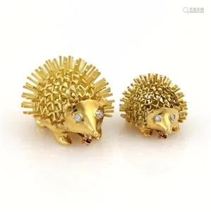 Estate Diamonds 18k Yellow Gold Mother & Baby Porcupine