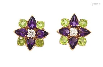 Estate 10.60ct Diamond Peridot Amethyst 14k Gold Flower