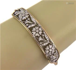 Estate 1.50ct Diamond 14k Gold Wide Floral Bangle