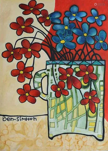 BEN-SIMHON ** RED POPPIES IN A BLUE VASE** ORIGINAL