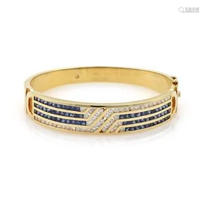 Estate 7 Carats Diamond & Sapphire 18k Yellow Gold Wide