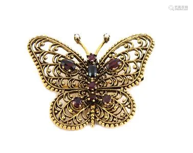 Vintage Garnet 14k Yellow Gold Filigree Butterfly