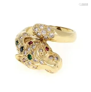 18k Yellow Gold Diamond & Gems Panther Head Bypass Ring